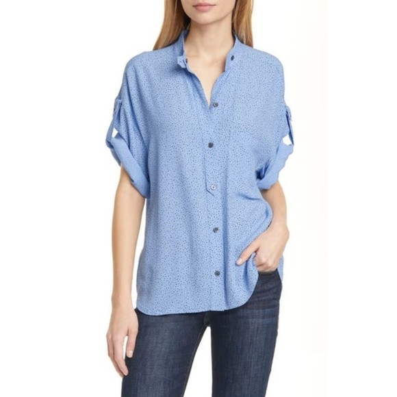 Equipment Tops - Equipment Drace Oversized Blouse Womens Blue Dot Button-Front Short Sleeve Sz XL